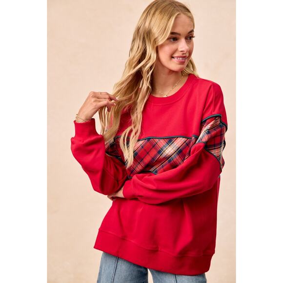 BIBI Red Black Christmas Plaid Block Sweatshirt with Binding NEW Medium - Picture 3 of 10
